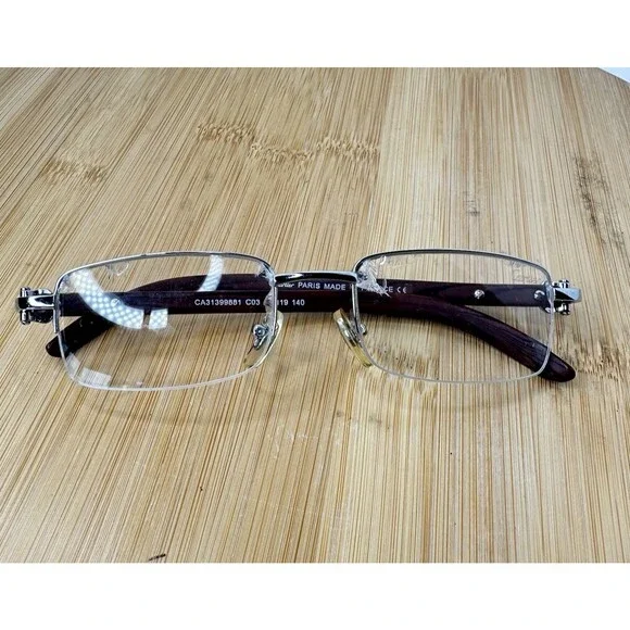 Cartier Platinum Men's Eyeglasses 54-19-140 Half Rim Wooden Temples FRAMES ONLY